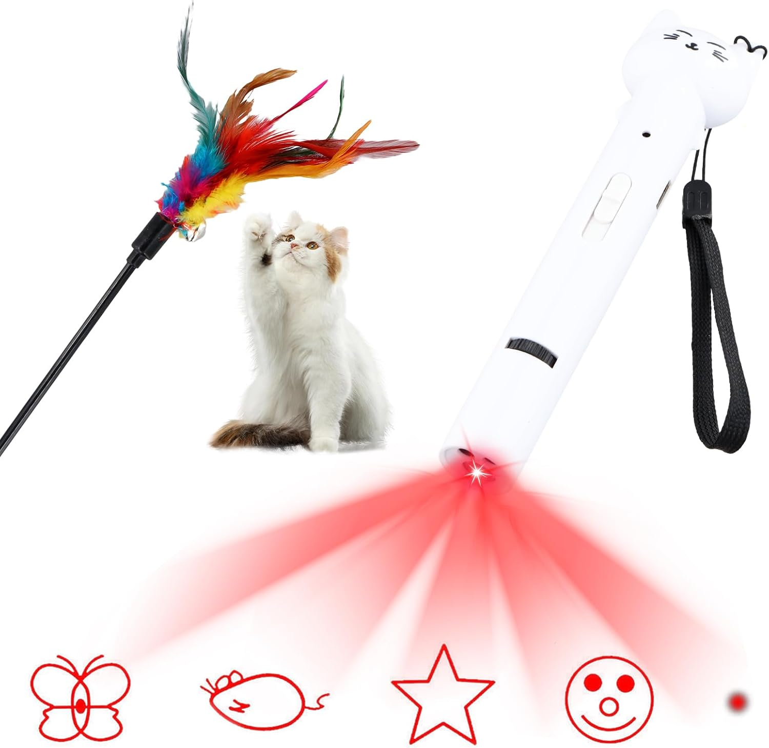 Weiße Katze spielt mit Federwedel; weißer Laserpointer projiziert rote Formen.