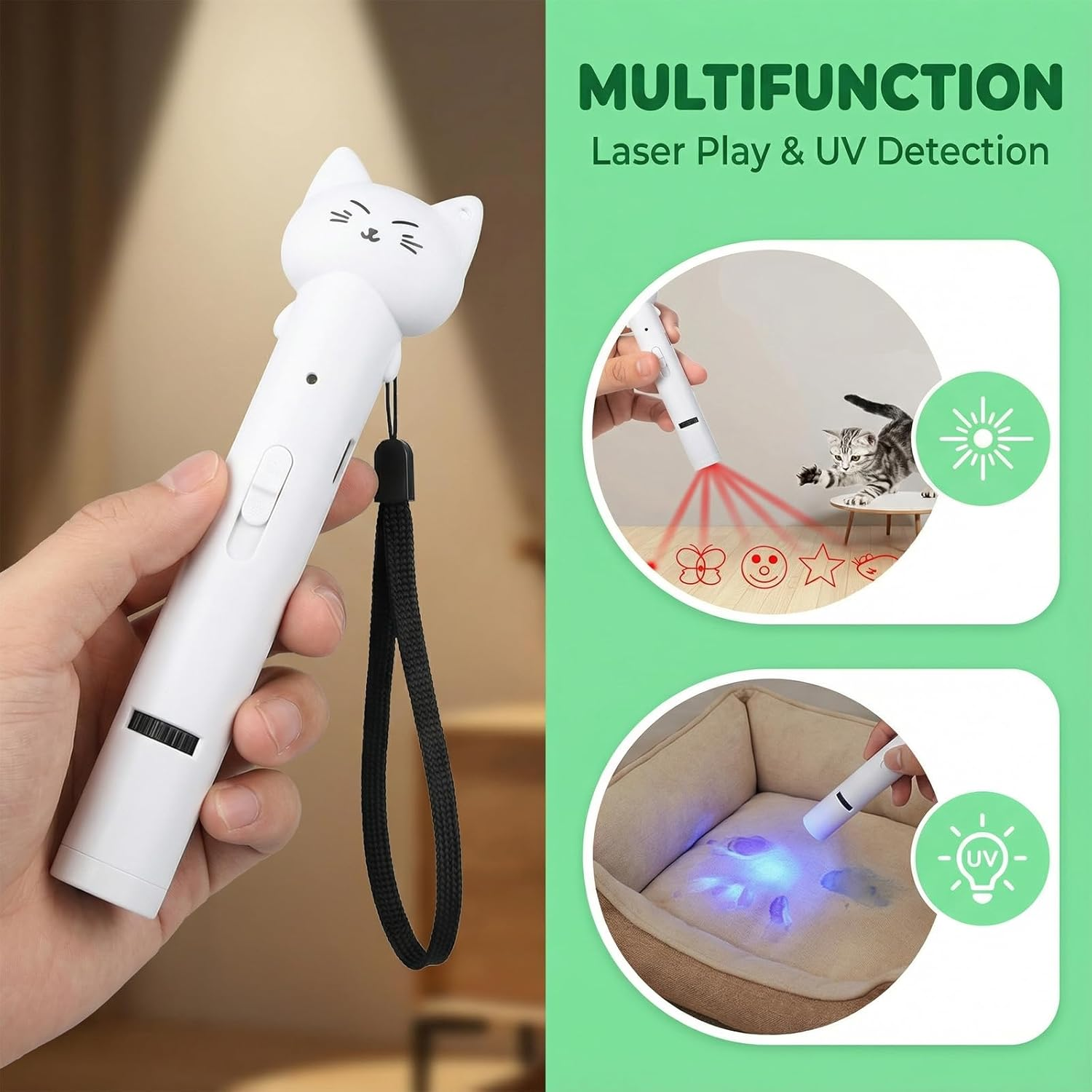 Ein weißer Katzenlaserpointer mit UV-Erkennung. Zeigt Laserpunkte und UV-Licht.
