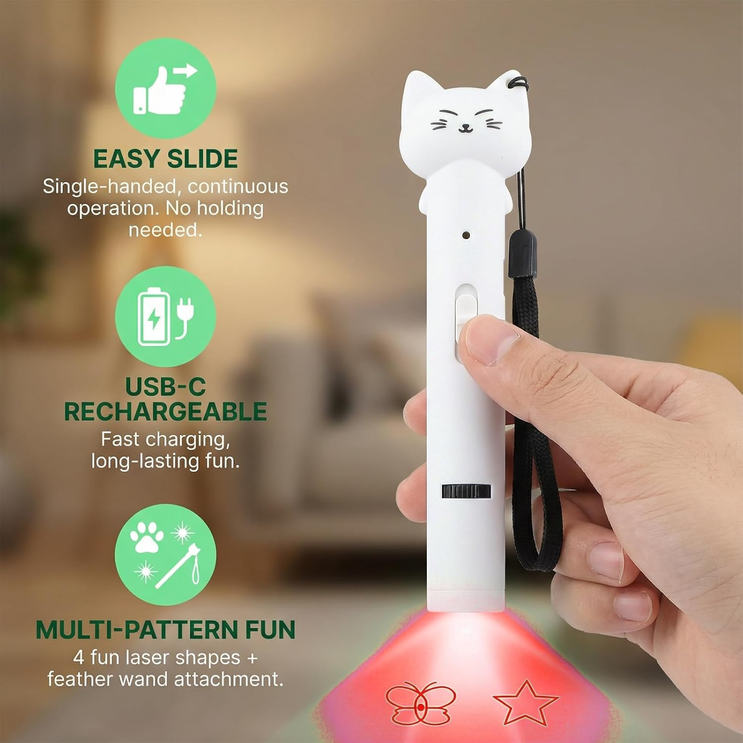 Weiße Katzenlampe mit USB-C, Einhandbedienung und Laserprojektionen.