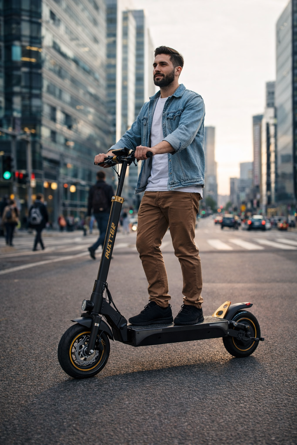 Mężczyzna na hulajnodze elektrycznej w mieście z wieżowcami.
