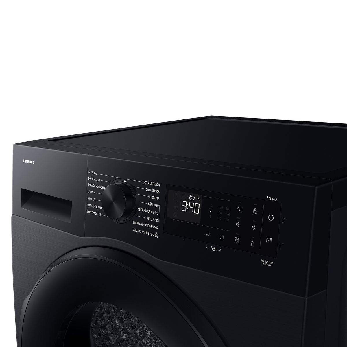 Lavadora Samsung negra con pantalla digital, temporizador y selector de programas.
