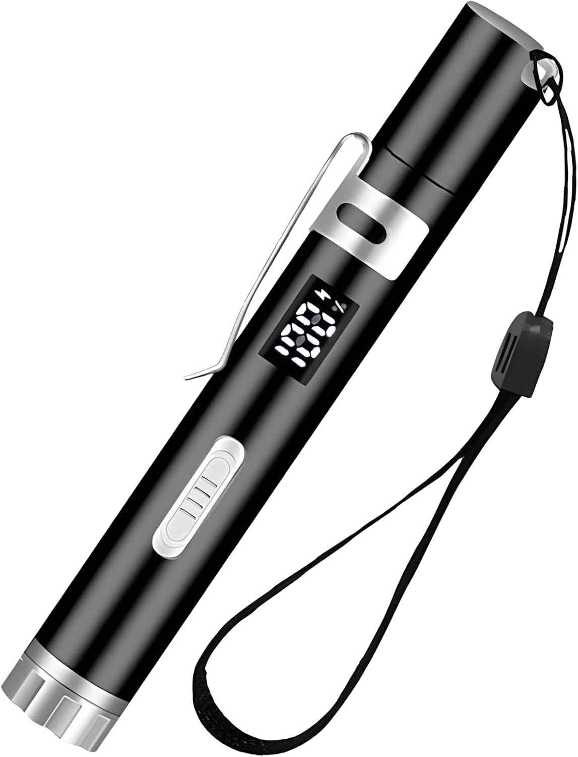Schwarzer Stift mit digitaler Anzeige, Clip und Lanyard.
