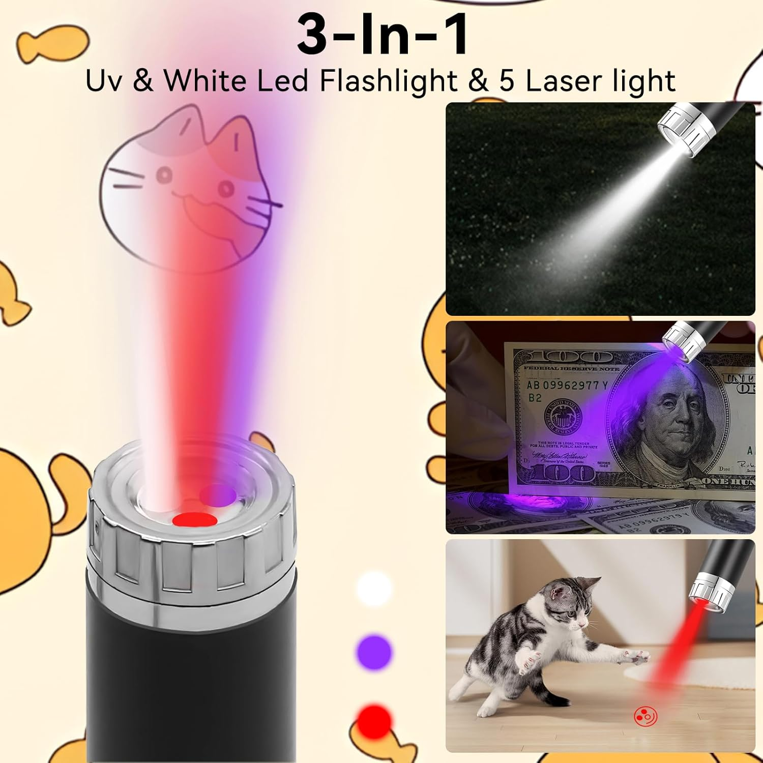 Ein Multifunktionslicht mit UV, weißem LED und rotem Laserstrahl auf einem Katzenbild.
