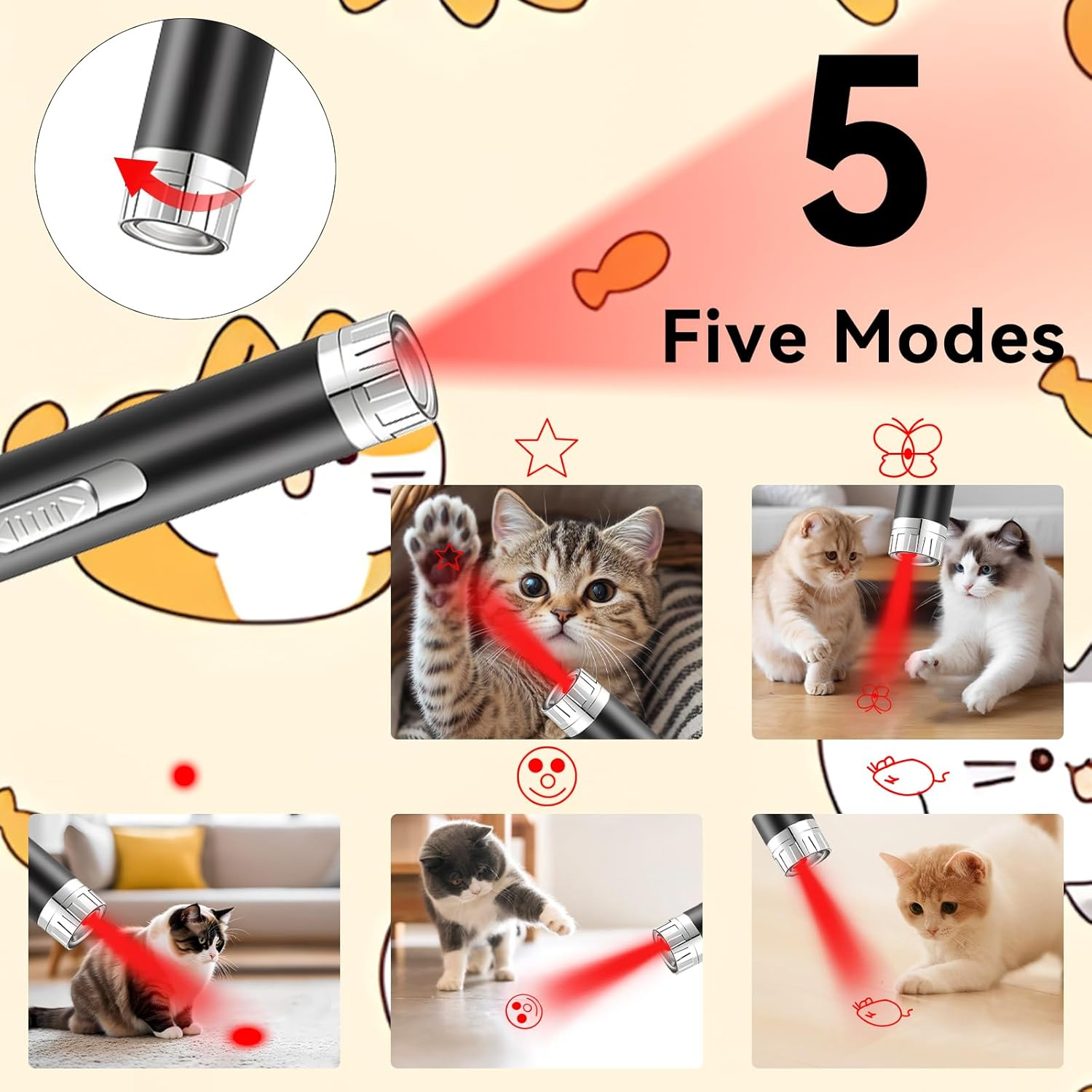 Ein schwarzer Laserpointer mit rotem Lichtstrahl und fünf Modi für Katzen.
