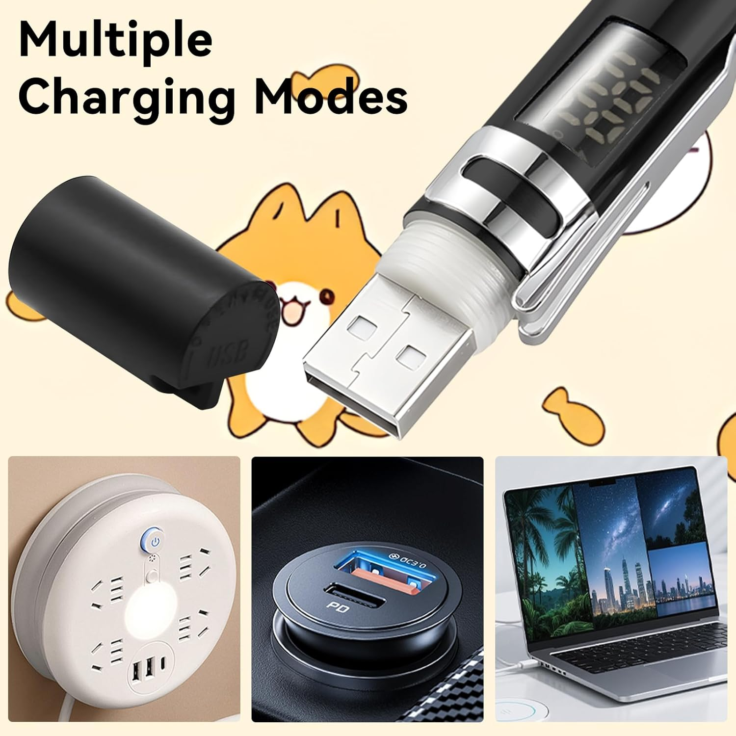 Collage zeigt Ladegeräte: USB-Adapter, Autoladegerät, Steckdosenleiste und Laptop.