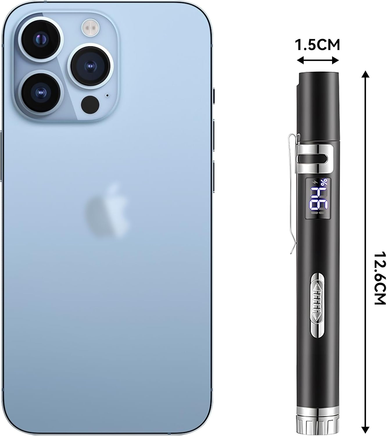 Ein blaues iPhone neben einem schwarzen Gerät mit digitaler Anzeige und Maßen.