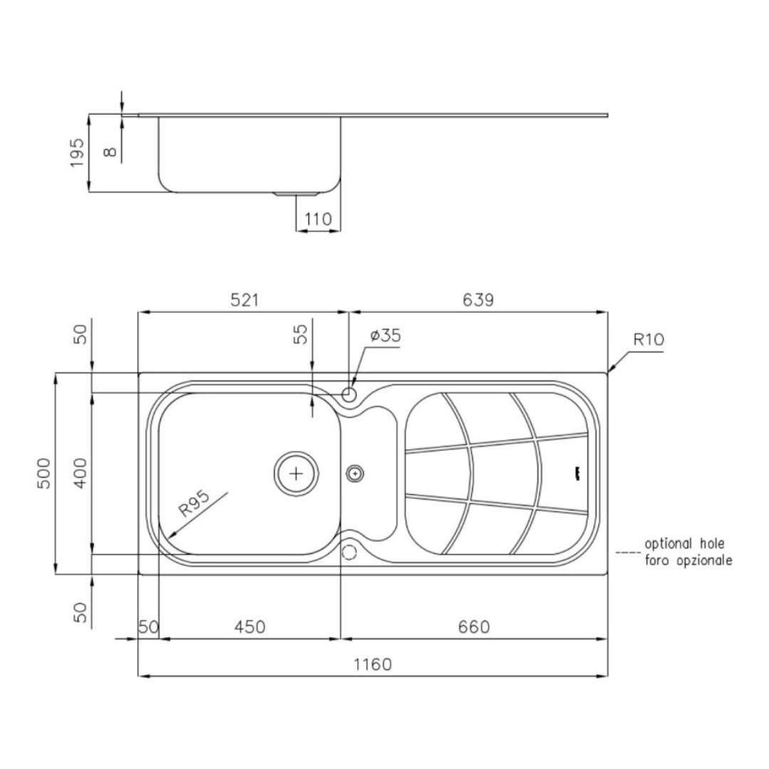 Disegno tecnico di un lavello con dimensioni. A sinistra vasca, a destra scola.