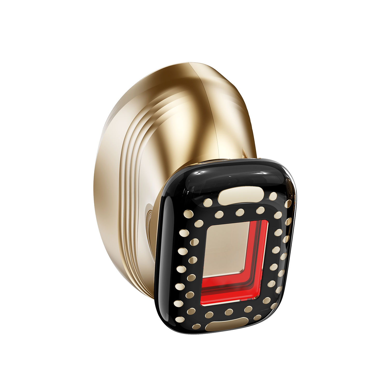 Un mango dorado con accesorio negro y luces rojas, fondo blanco.