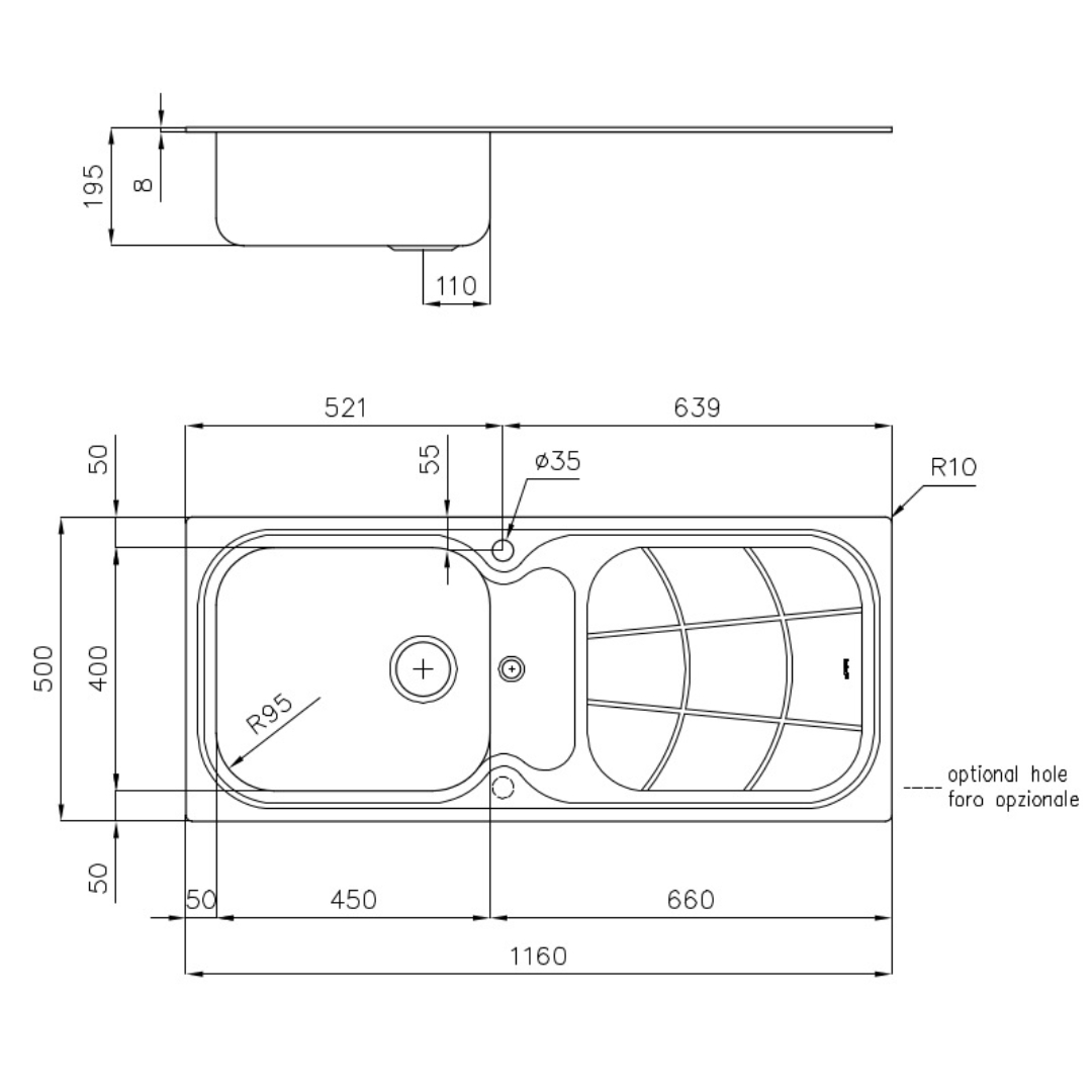 Disegno tecnico di un lavello con dimensioni. Vista laterale e dall'alto mostrate.