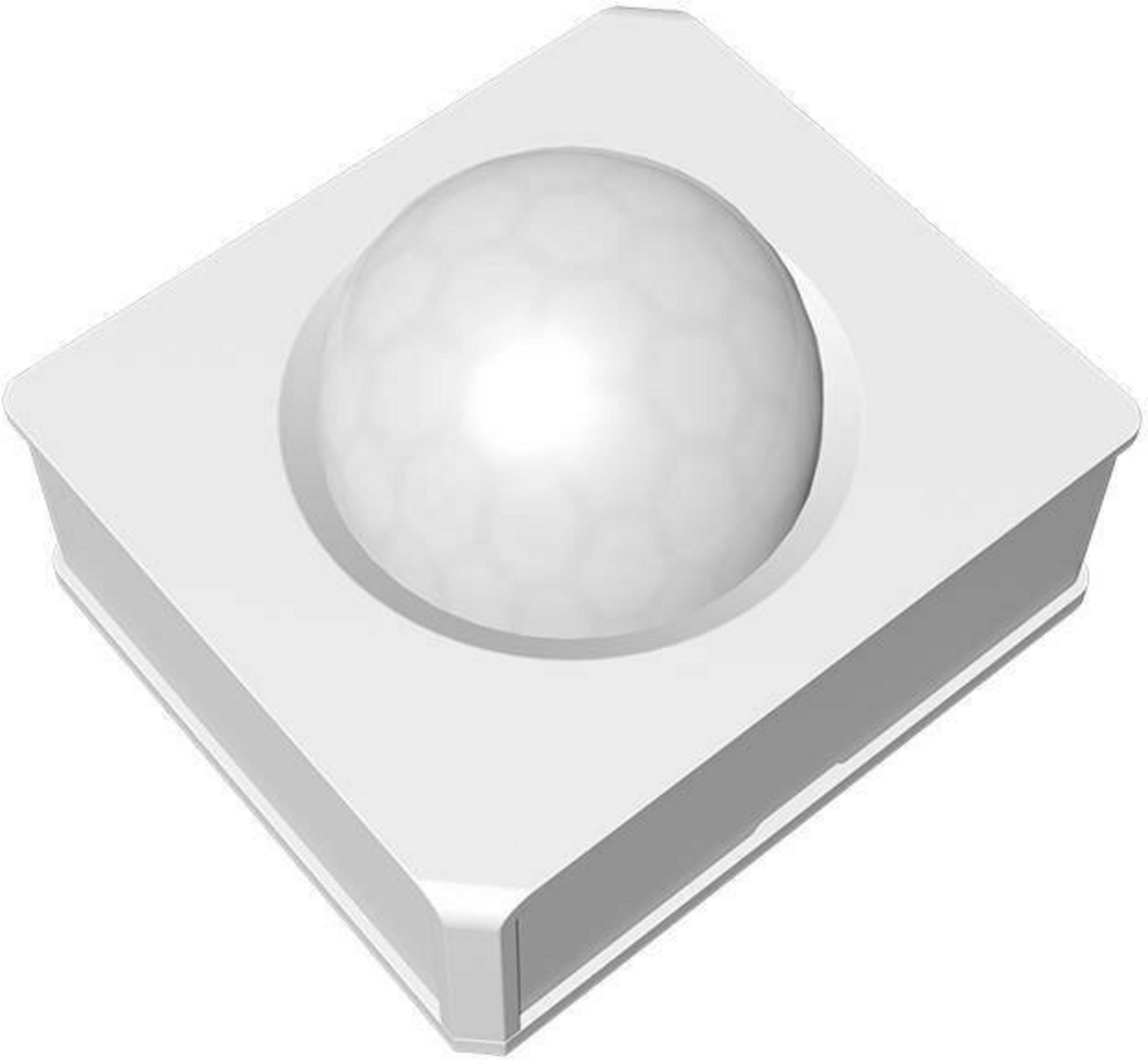 Un sensore di movimento bianco con lente a cupola su una base rettangolare.