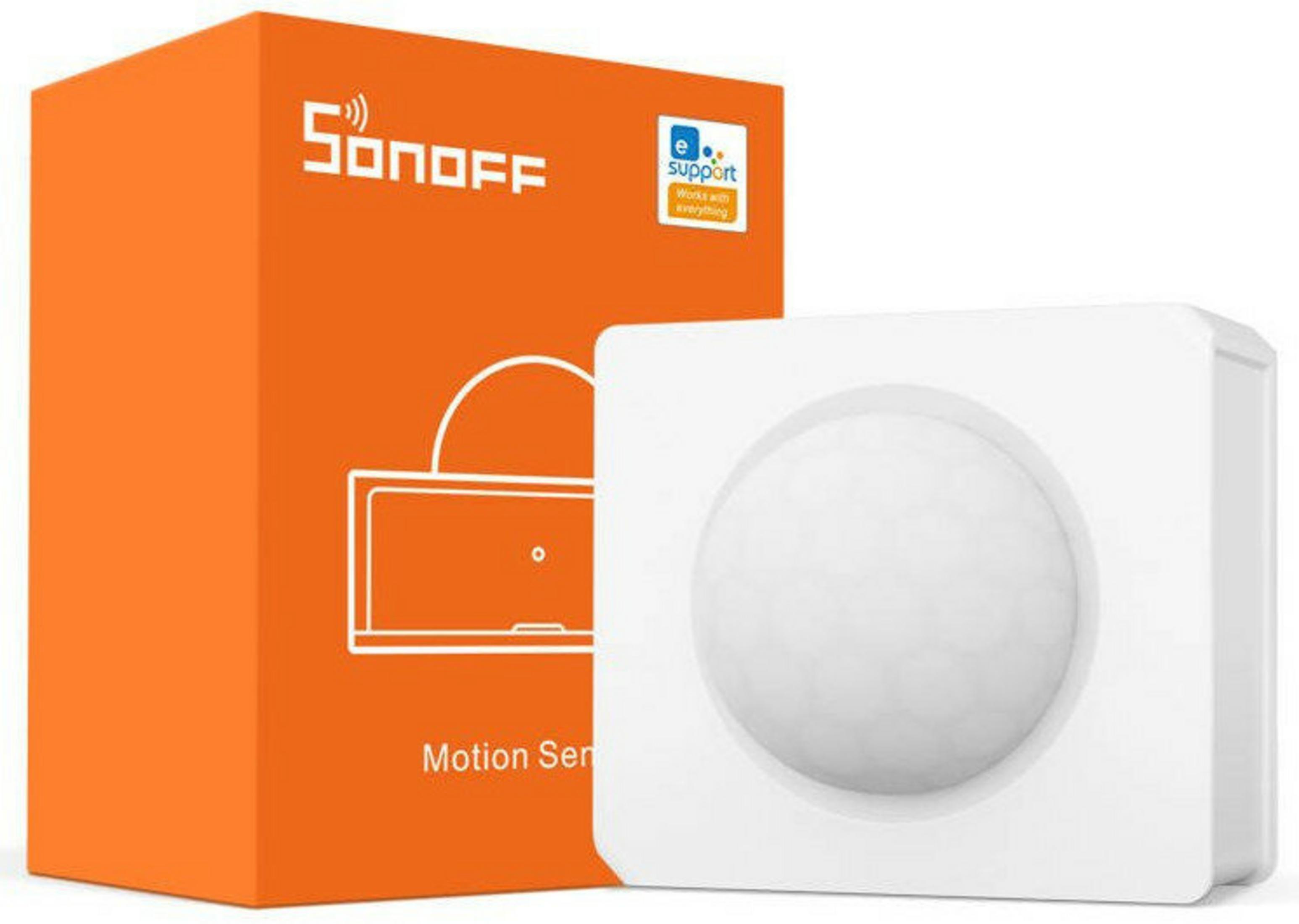 Un sensore di movimento bianco accanto a una scatola arancione con logo Sonoff.