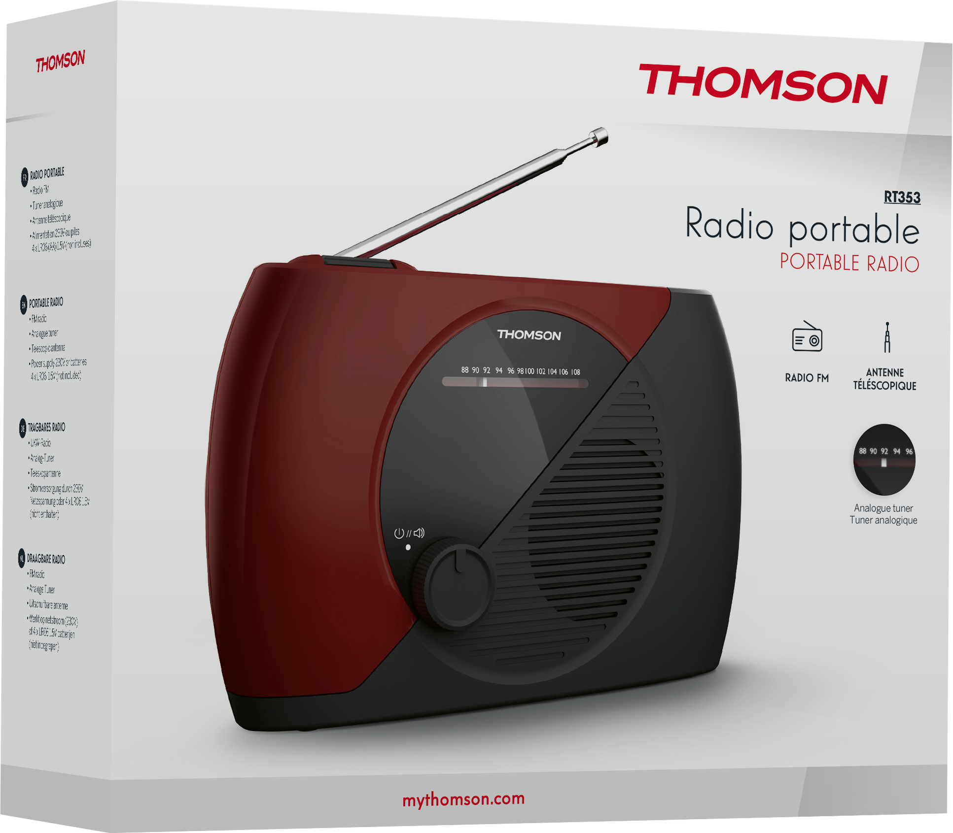 Czerwono-czarne przenośne radio Thomson RT353 z anteną i skalą częstotliwości.