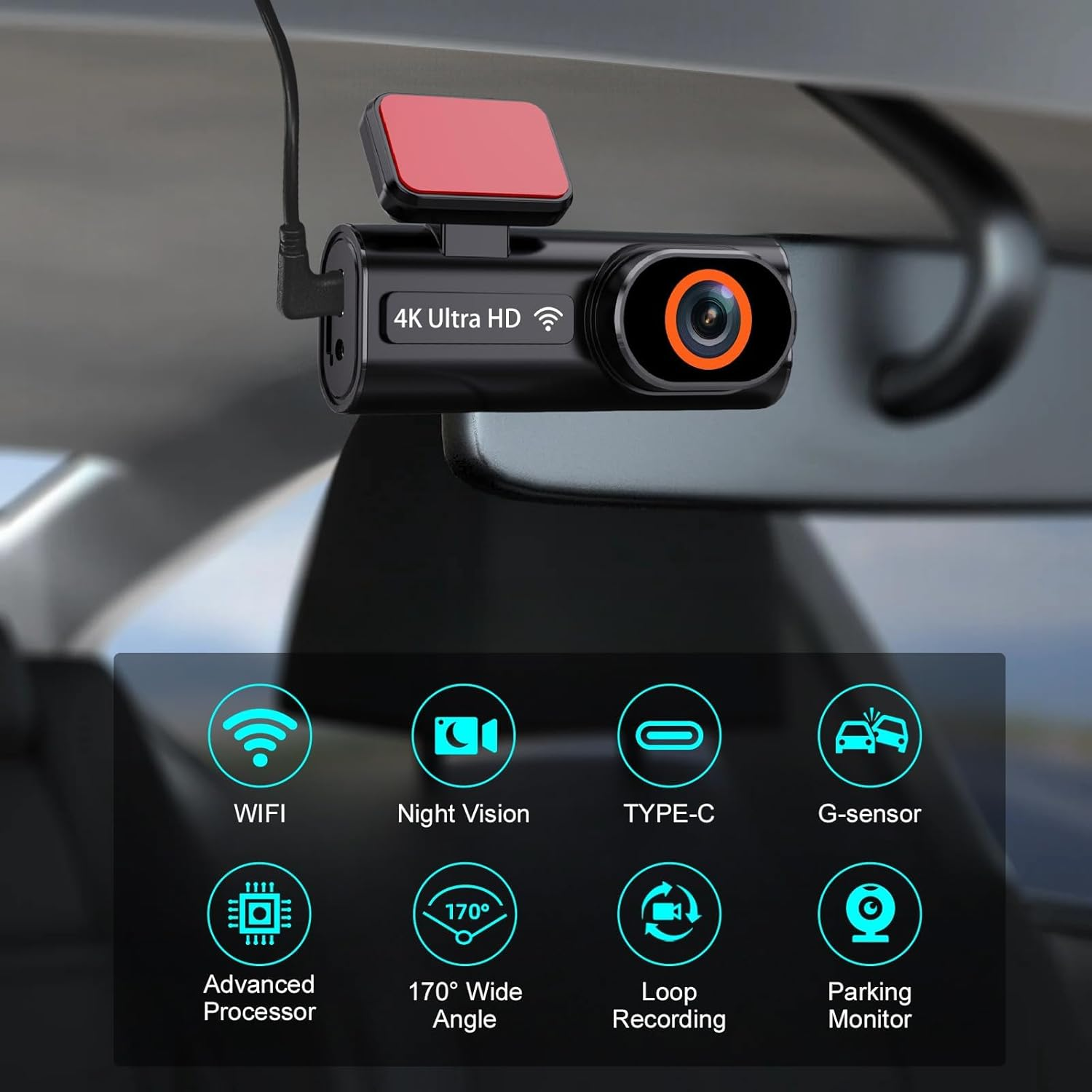 Ein schwarzer 4K Ultra HD Dashcam mit roten Akzenten, montiert an der Windschutzscheibe.