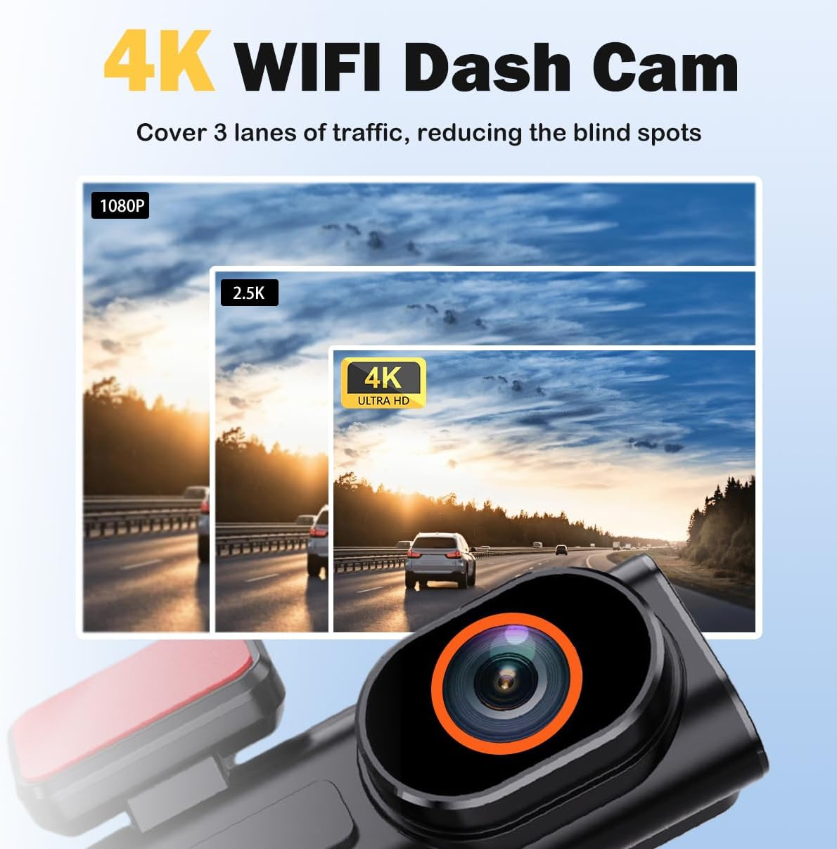 Dashcam zeigt Fahrspuransicht in verschiedenen Auflösungen, von 1080P bis 4K Ultra HD.