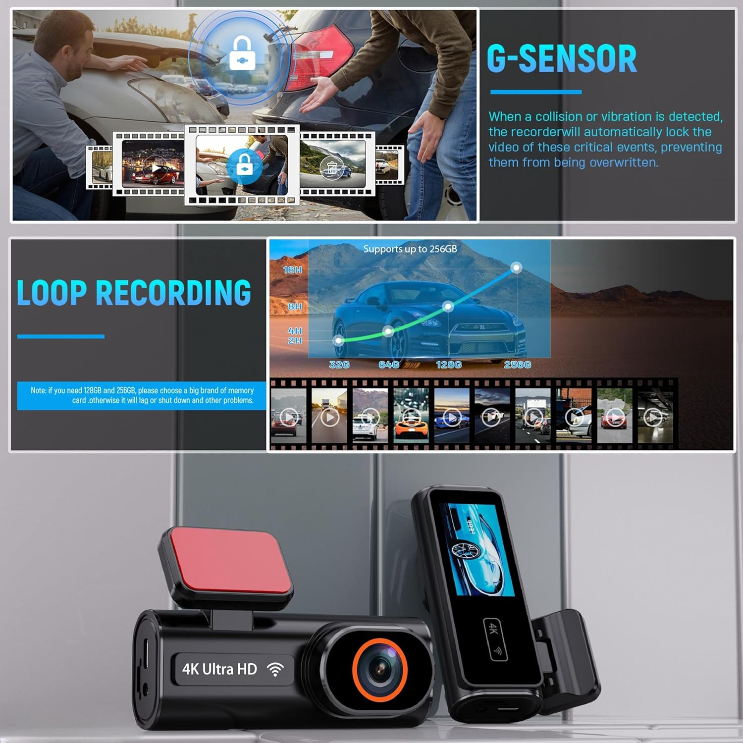 Autokamera mit G-Sensor und Loop-Aufnahme, unterstützt bis zu 256 GB.