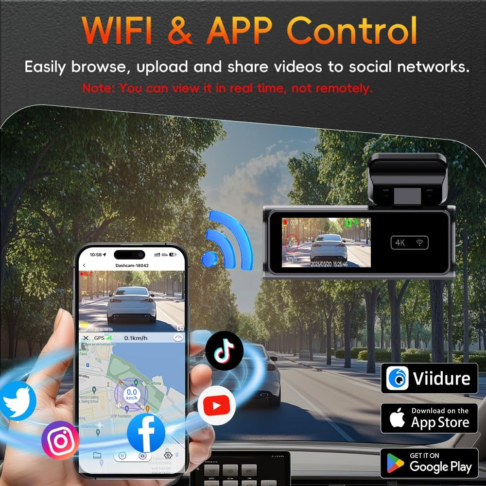 Dashcam mit App-Steuerung, zeigt Straßenansicht, Handy mit Karten-App.