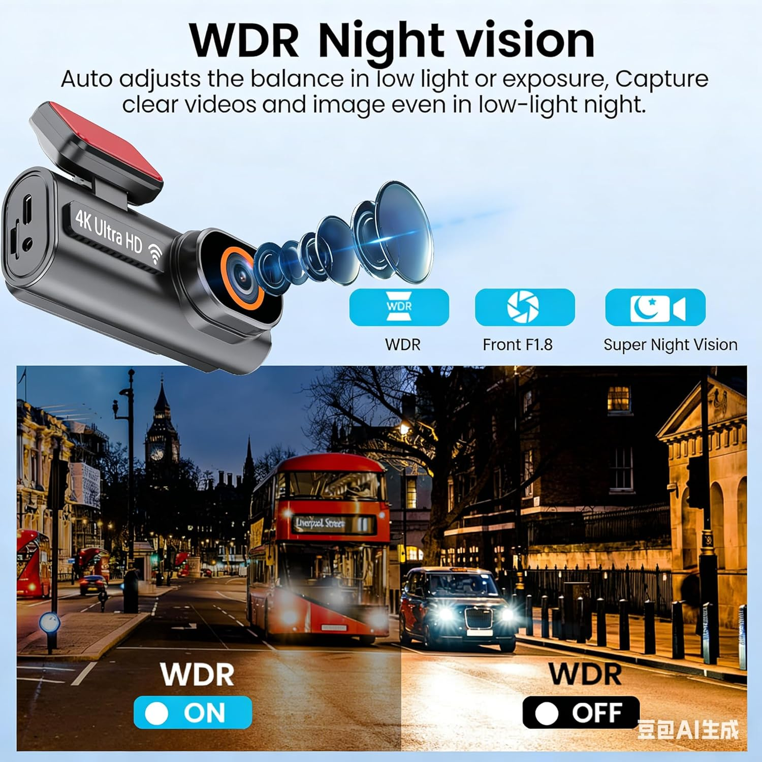 Dashcam mit WDR-Funktion auf einer nächtlichen Stadtstraße mit rotem Bus.