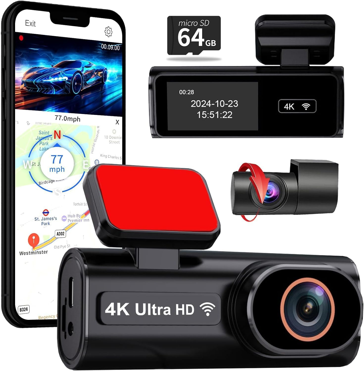Eine Dashcam, eine Micro-SD-Karte und ein Telefon mit einer Auto-App sind abgebildet. Die Dashcam ist 4K Ultra HD.