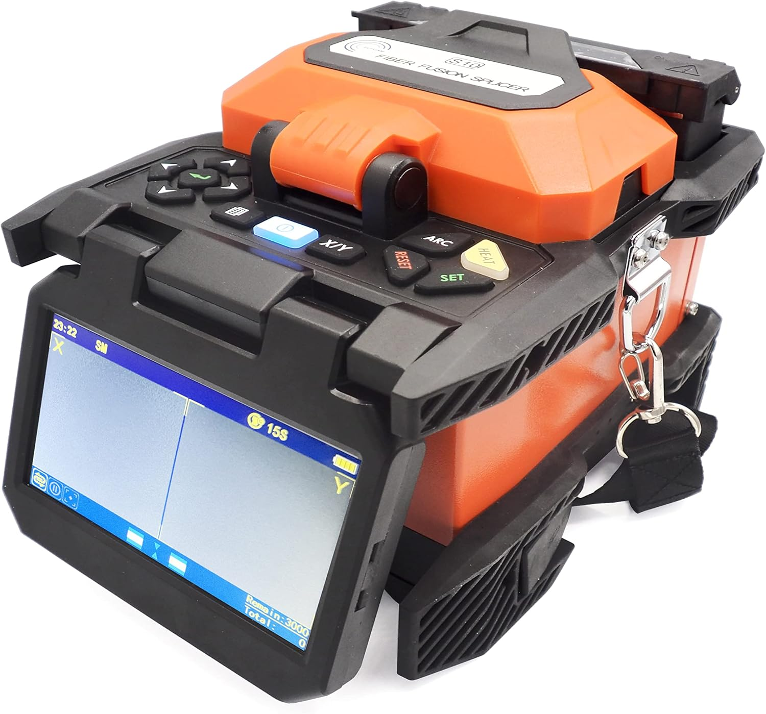 Ein orangefarbener Glasfaser-Schweißautomat mit Bildschirm und Tasten.