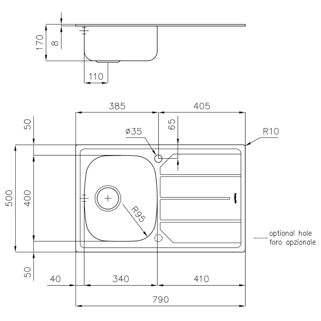 Disegno tecnico di un lavello con dimensioni e dettagli.