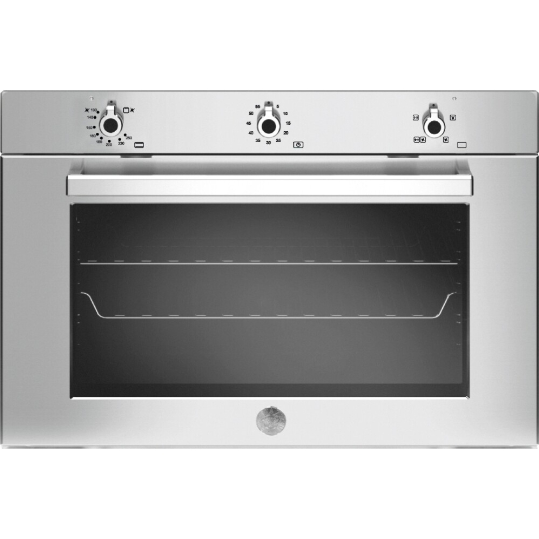 Un forno in acciaio inox con porta in vetro, tre manopole e una maniglia.