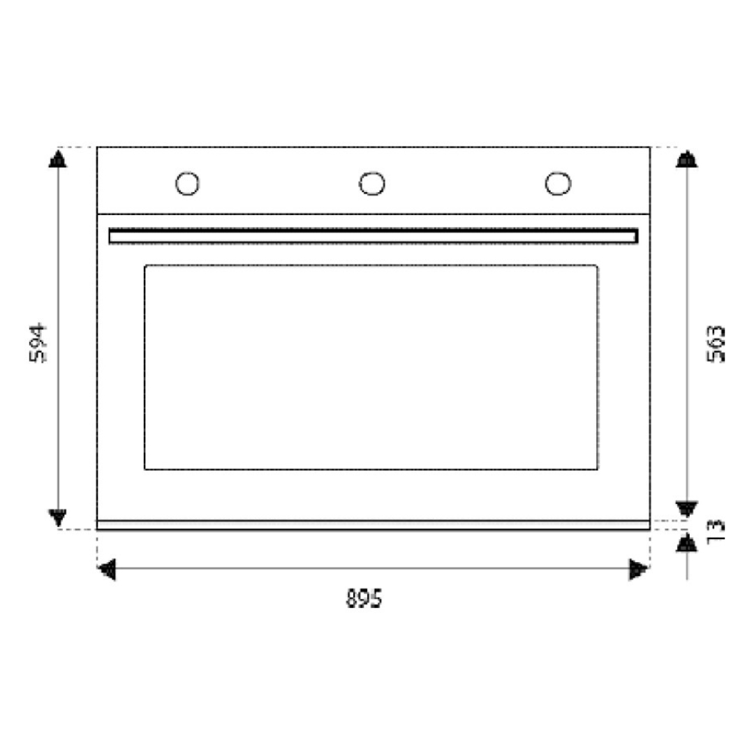 Disegno tecnico di un forno da incasso con dimensioni. Tre manopole in alto.