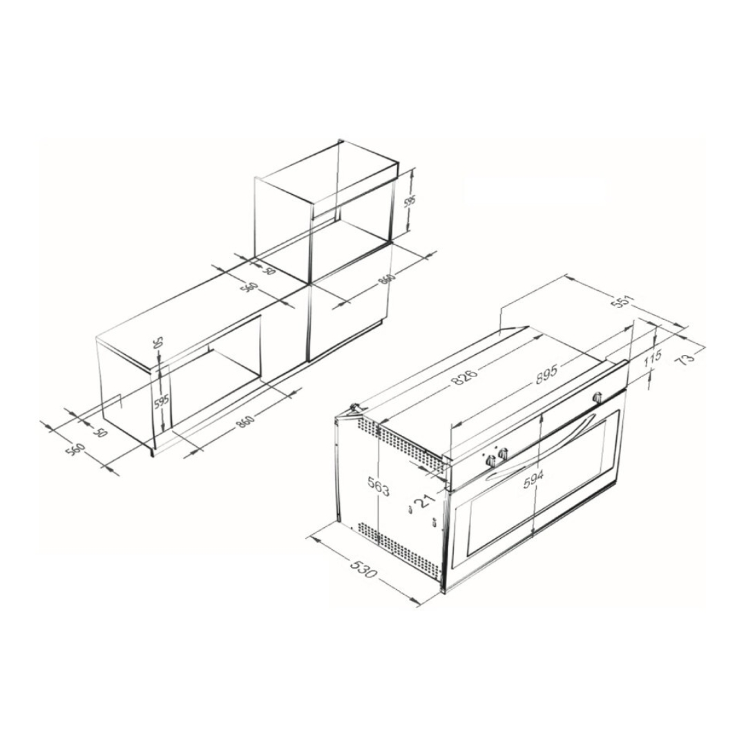 Disegno tecnico di una cucina da cucina con dimensioni.