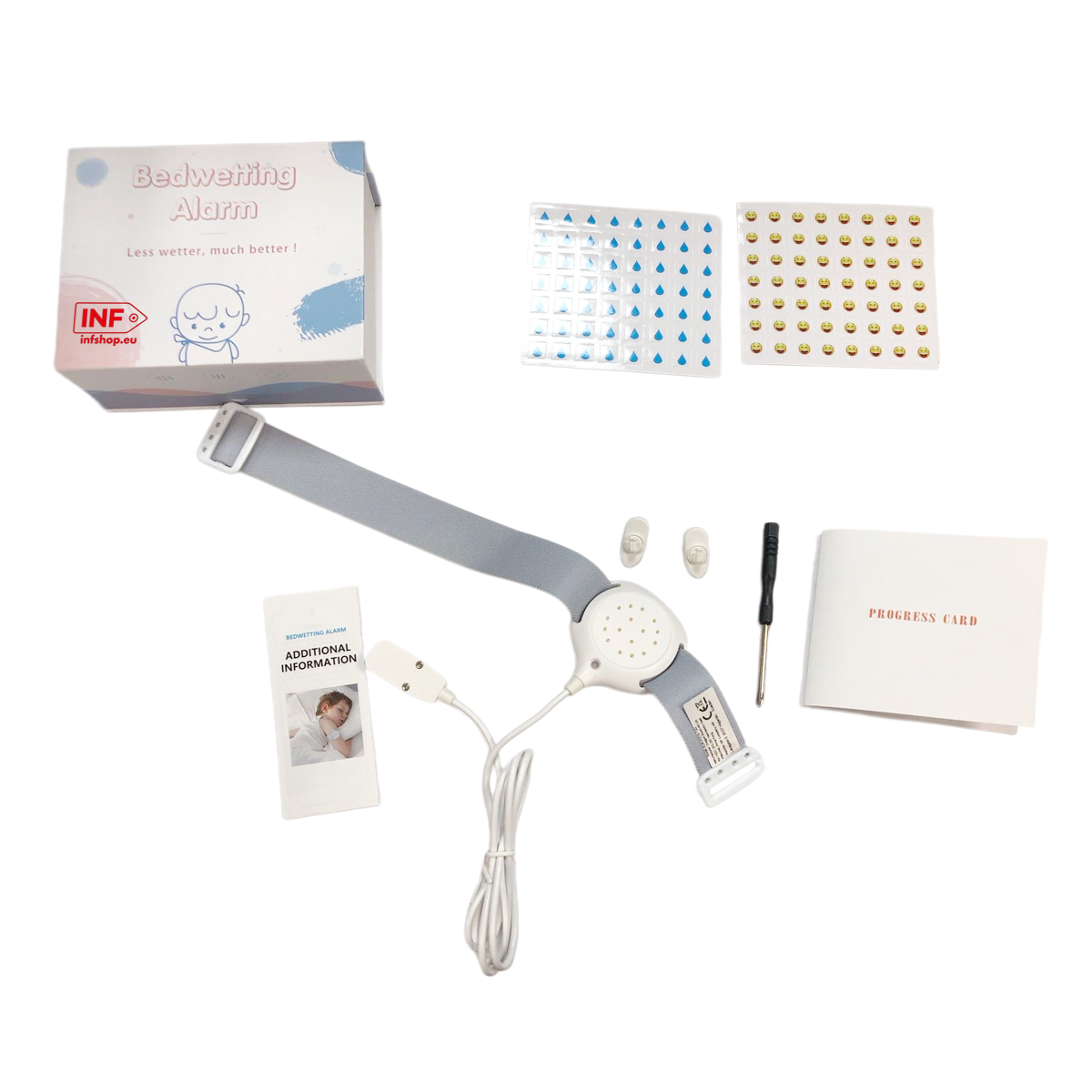 Ein Bettnässungsalarm-Set mit Box, Sensor, Kabeln, Aufklebern und Fortschrittskarte.