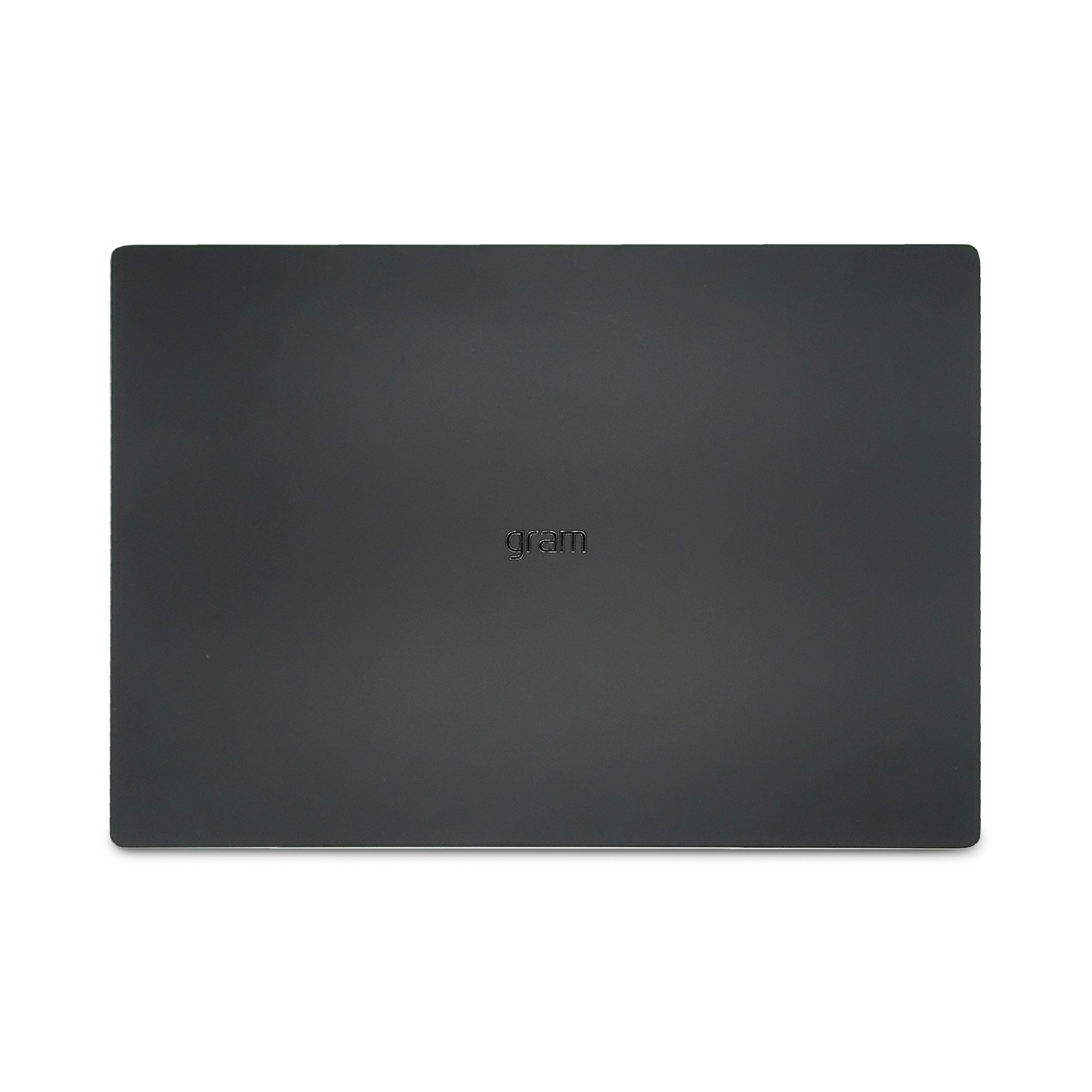 Zamknięty ciemnoszary laptop z logo "gram" pośrodku.