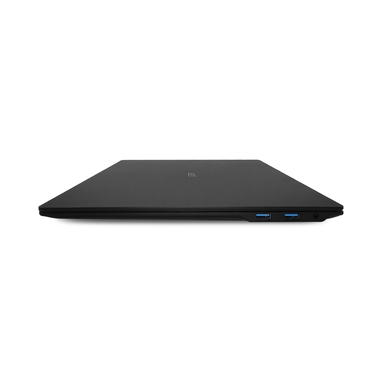 Zamknięty, czarny laptop widziany z boku. Dwa porty USB są widoczne po prawej stronie.