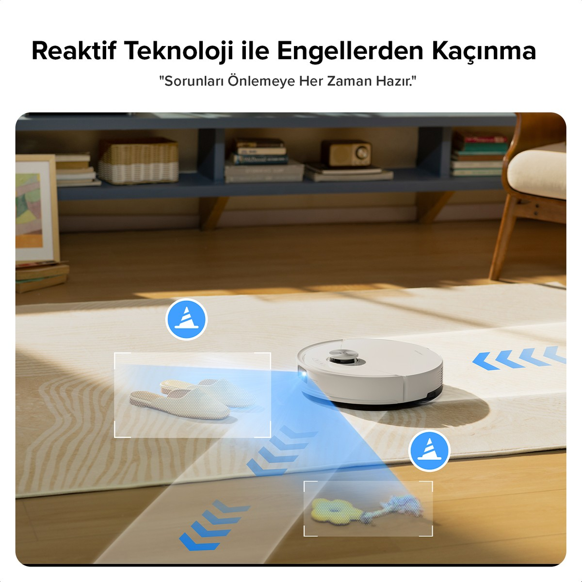 Beyaz robot süpürge terlikleri ve oyuncağı algılayıp kaçınıyor.