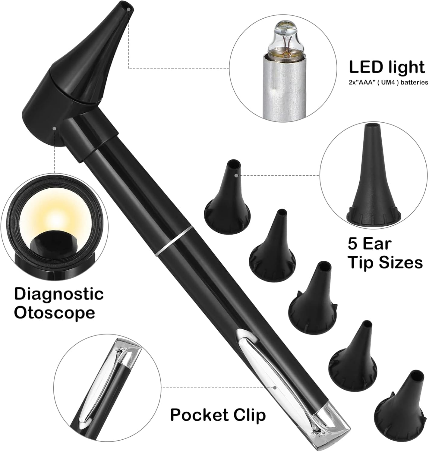 Schwarzes diagnostisches Otoskop mit LED-Licht, Taschenclip und 5 Ohrstücken.