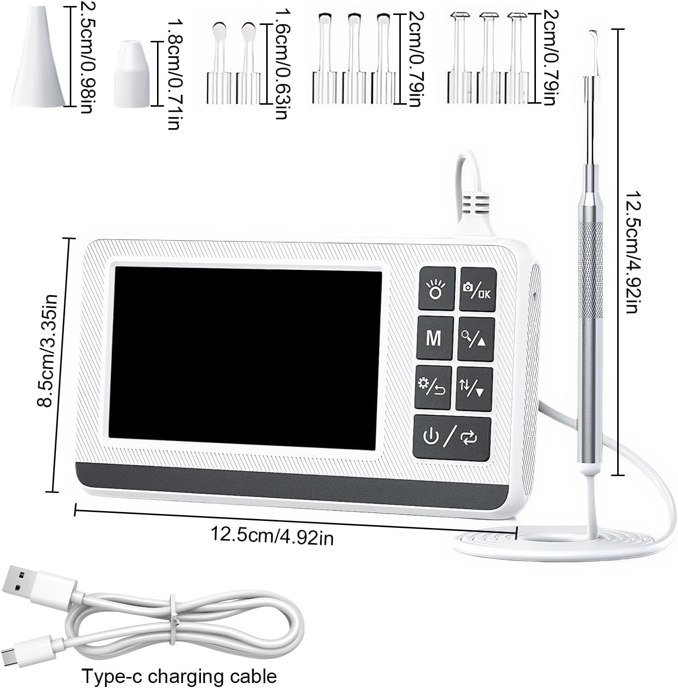 Digitales Ohrenscope mit Bildschirm, Werkzeugen und Typ-C-Kabel, Abmessungen.