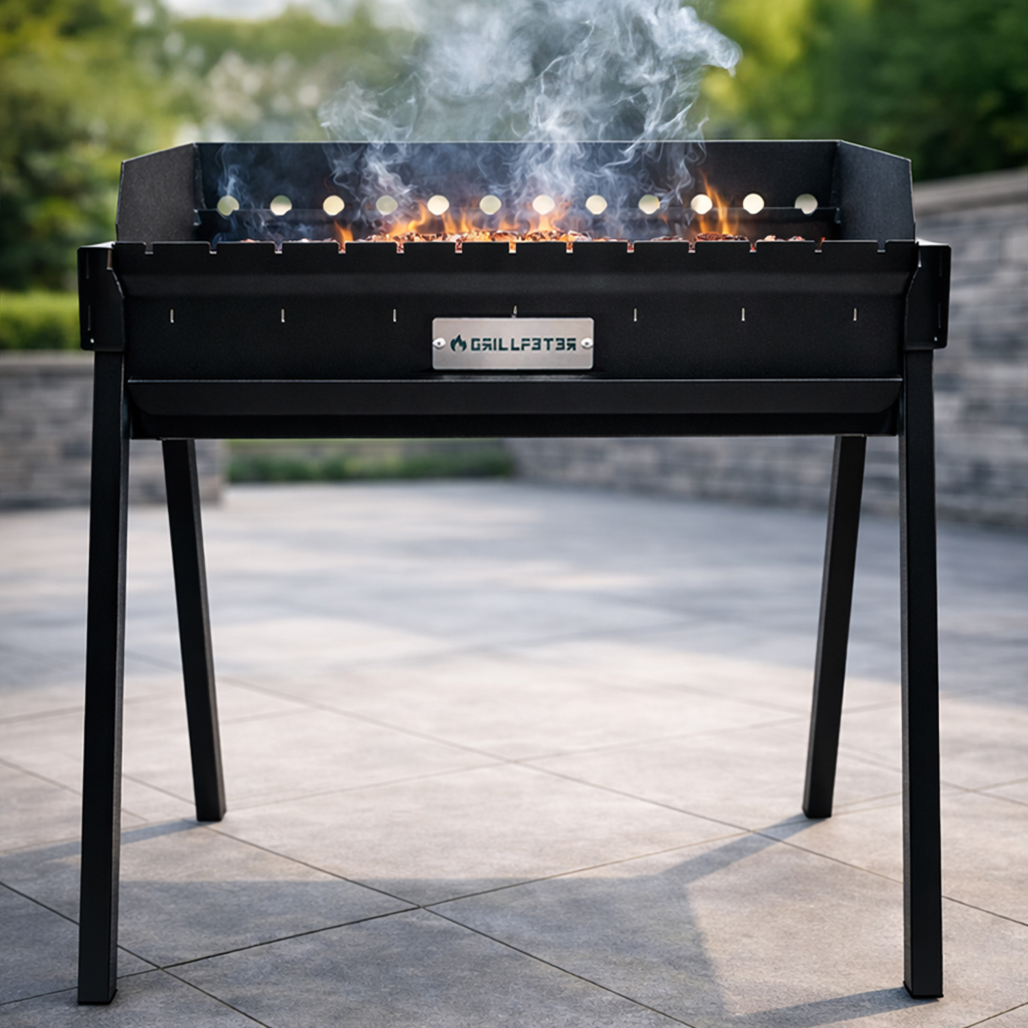 Ein schwarzer Grill mit Flammen und Rauch auf einer gefliesten Terrasse.