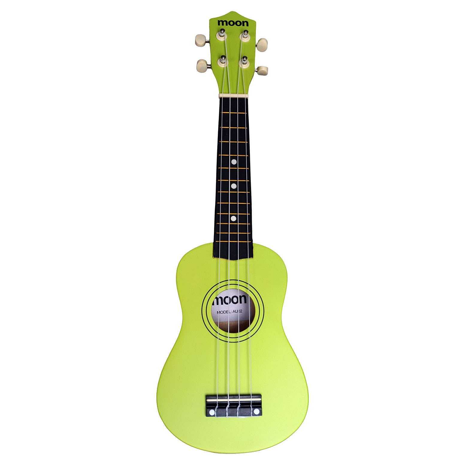 Dört telli, siyah klavyeli parlak yeşil bir ukulele.