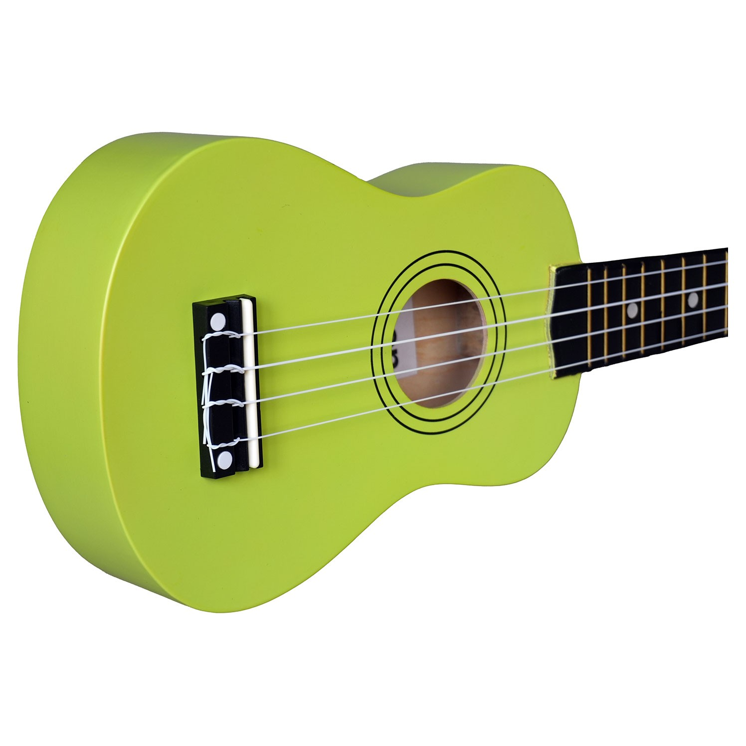 Dört telli, siyah klavyeli parlak yeşil bir ukulele.