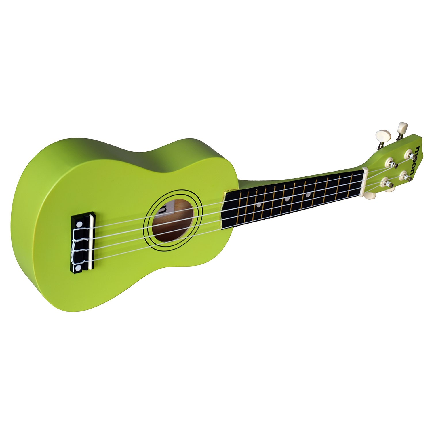 Beyaz telli ve burgulu parlak yeşil ukulele.