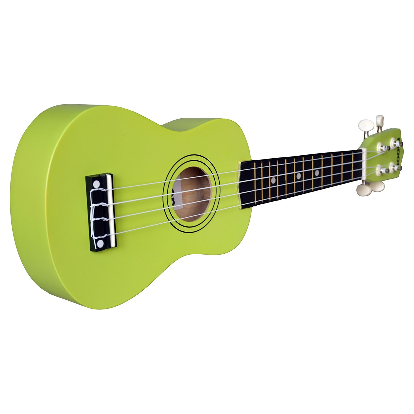 Dört telli parlak yeşil ukulele, beyaz arka planda izole edilmiştir.