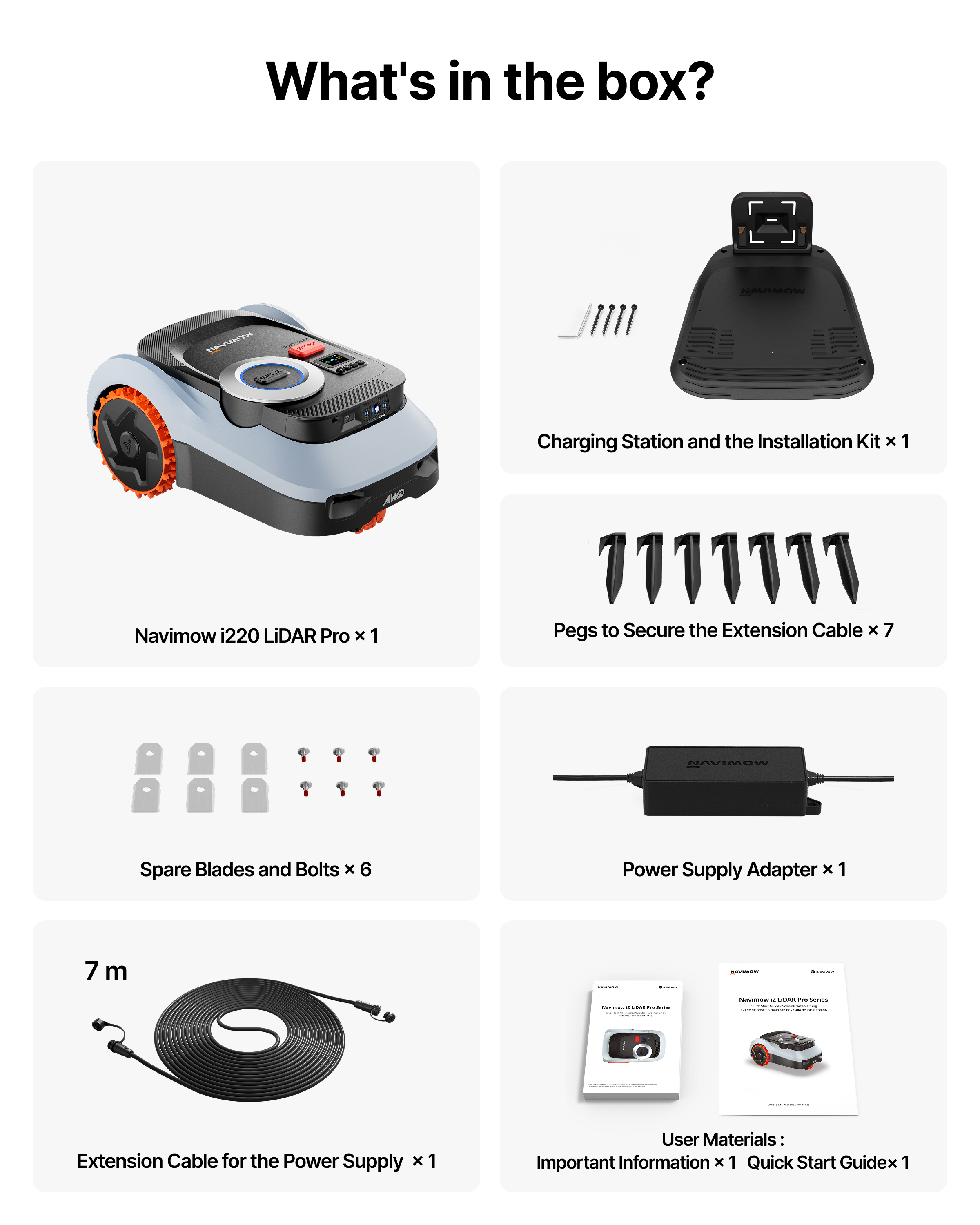 Zawartość pudełka: Kosiarka robot, stacja ładująca, kołki, ostrza, śruby, adapter, kabel, instrukcje.