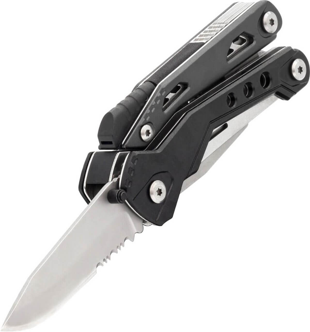 Ein schwarzes Multitool mit teilweise geöffneter Wellenschliffklinge, auf weißem Grund.