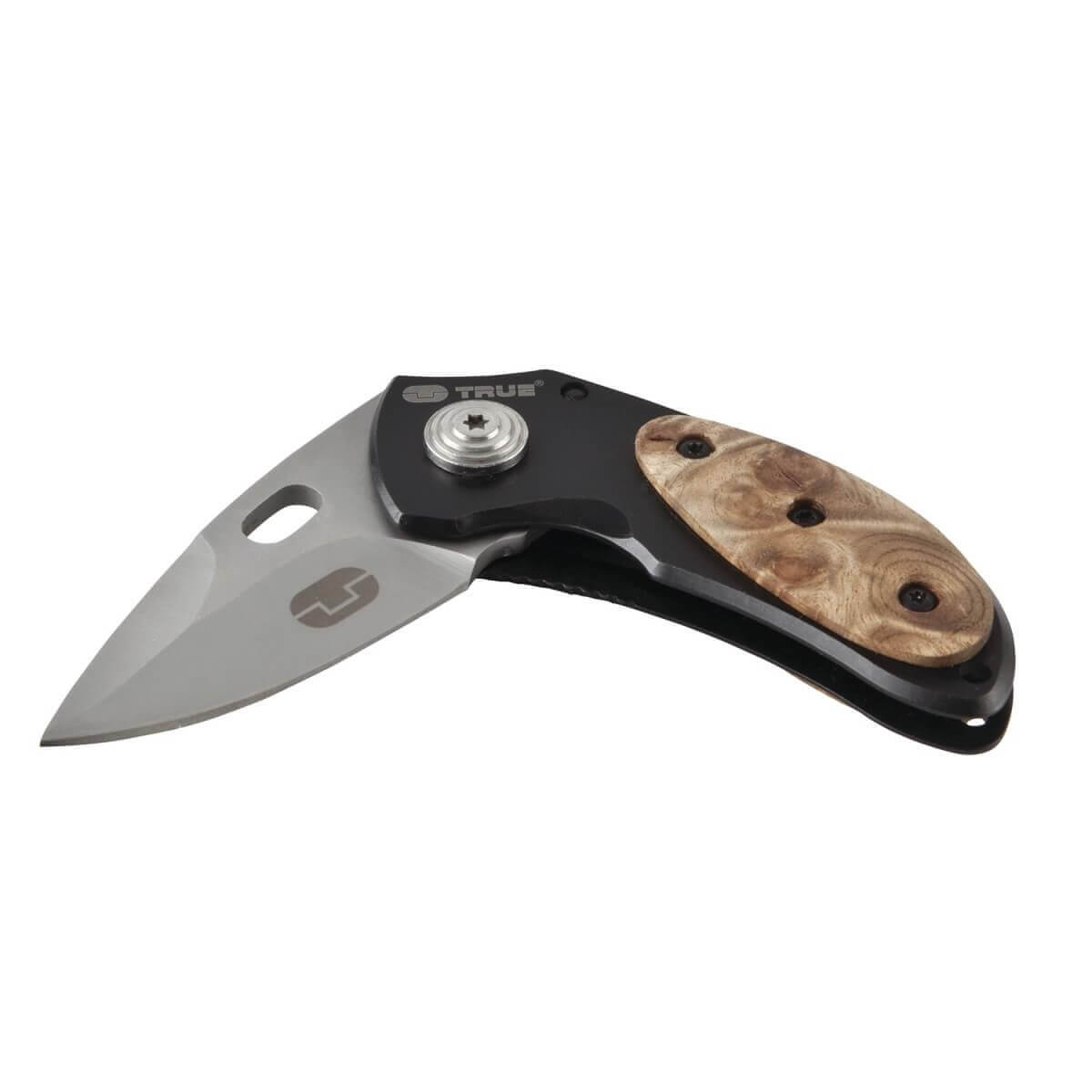 Ein Klappmesser mit einer silbernen Klinge und einem Griff aus schwarzem Metall und Holz.