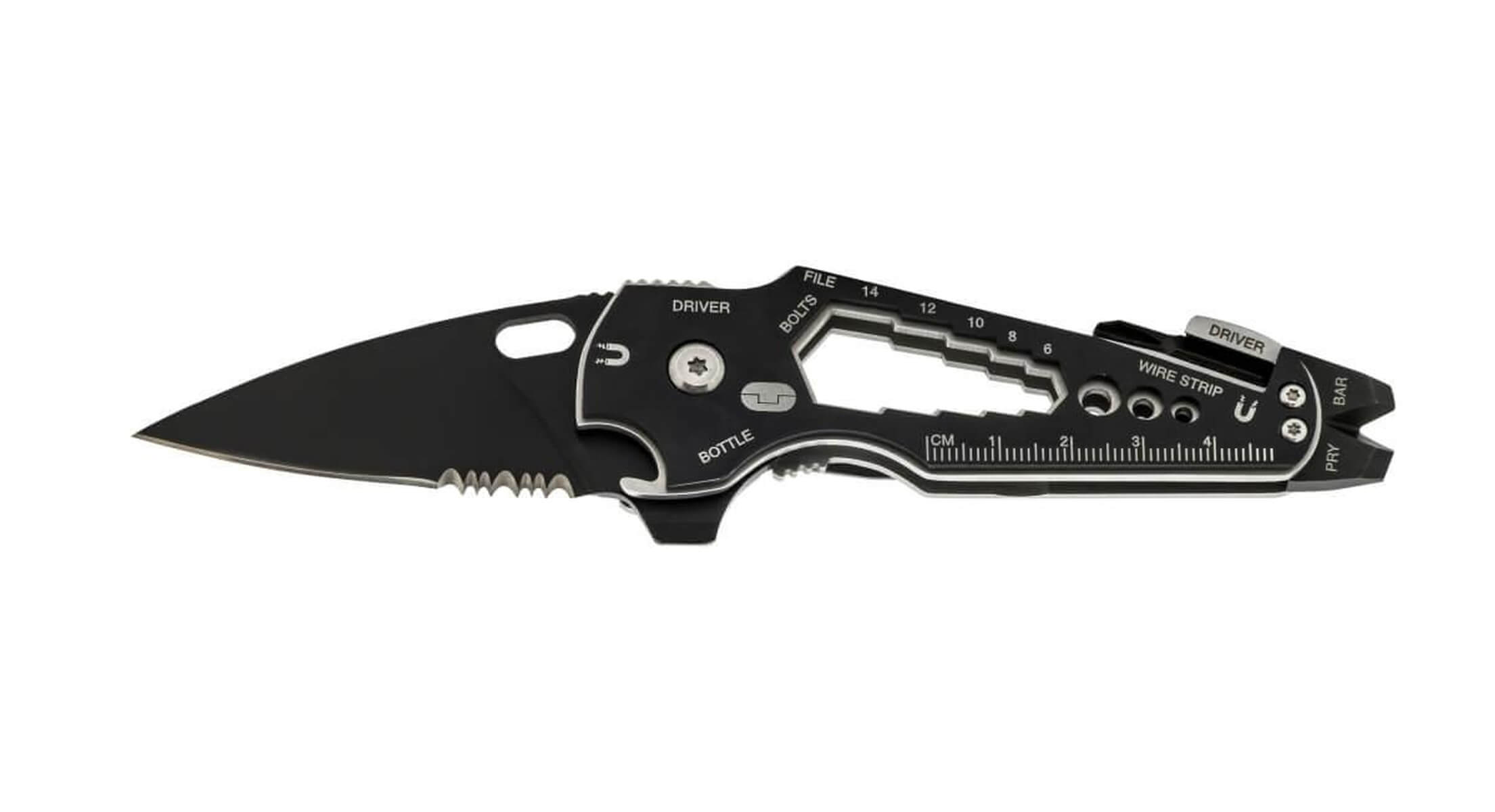 Un multi-outil noir avec couteau, tournevis et règle.