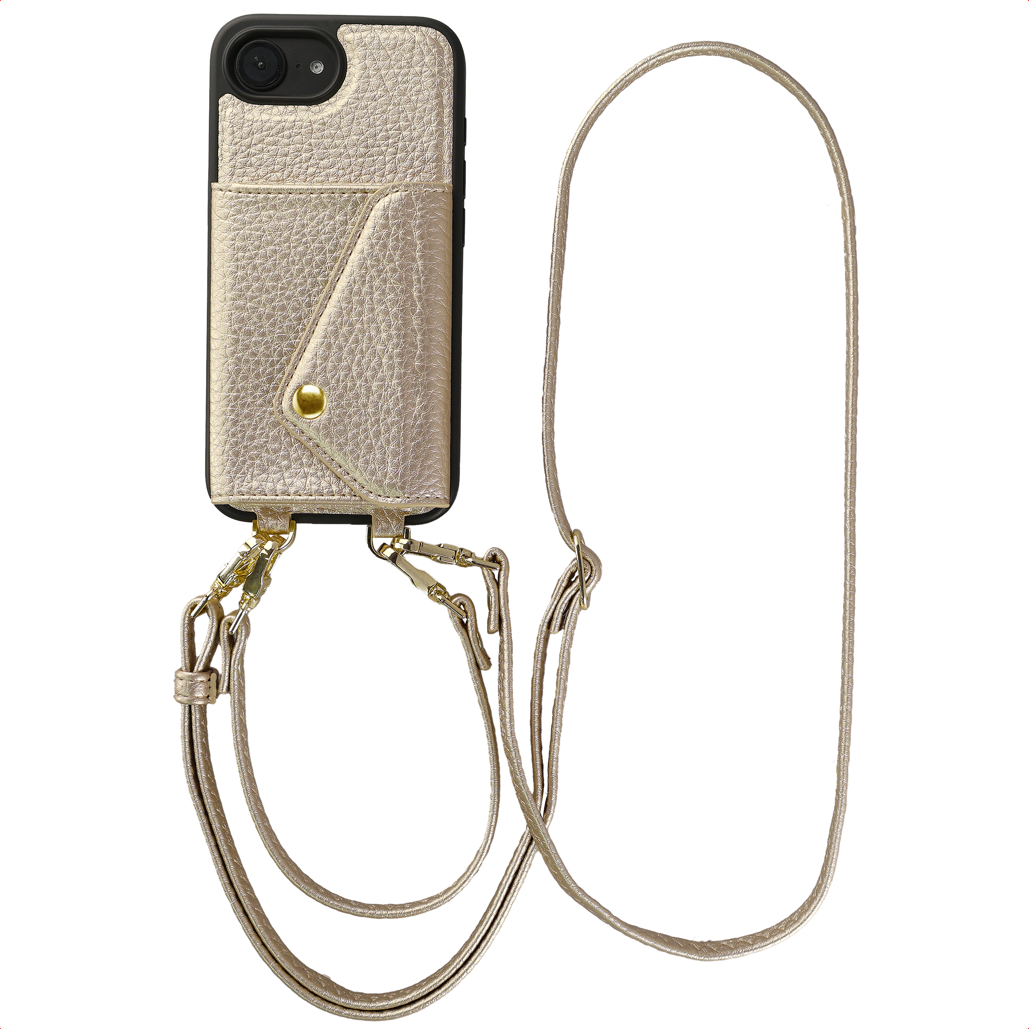 Coque dorée pour téléphone avec poche et bandoulière, similicuir texturé.