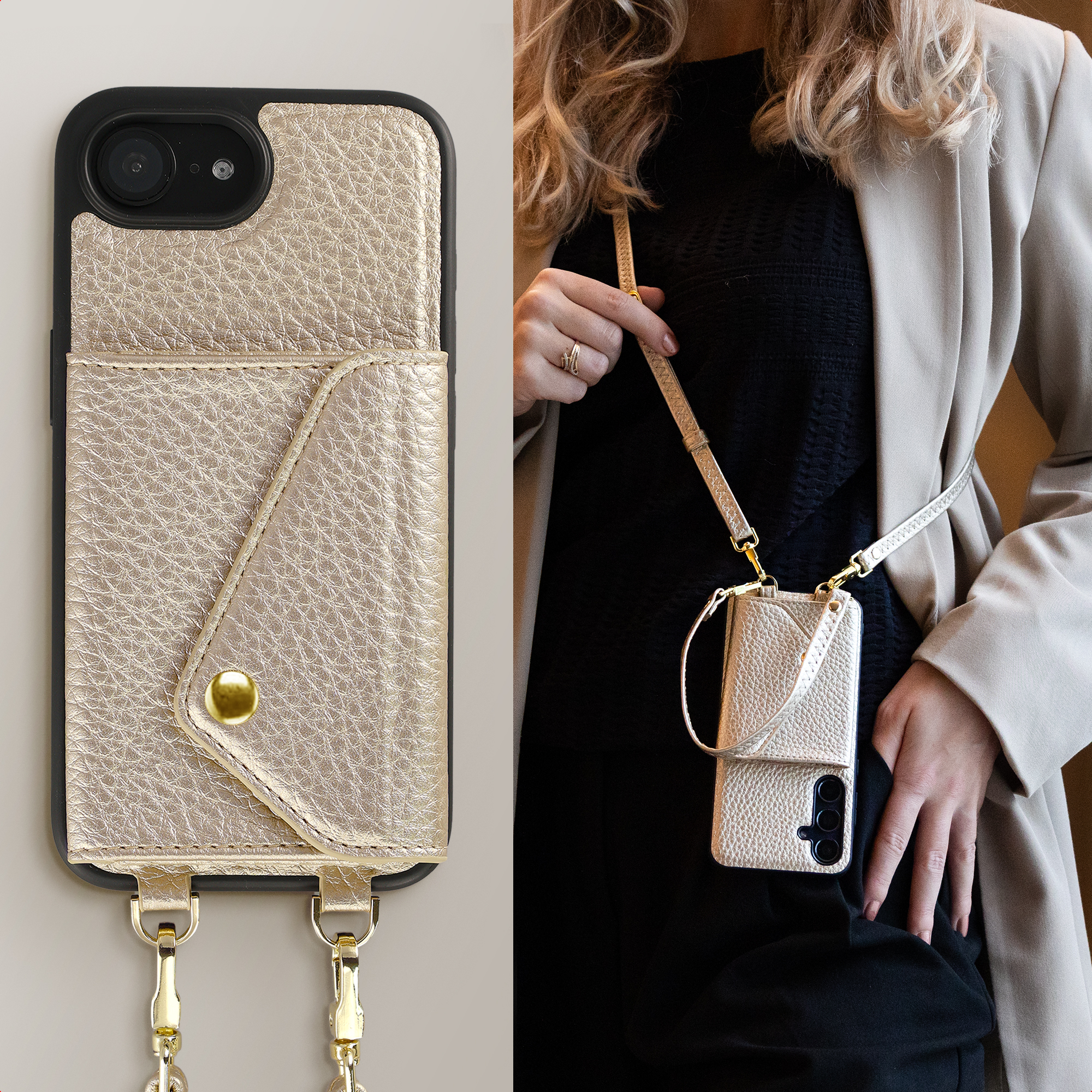Coque de téléphone texturée dorée avec fente pour carte et bandoulière, portée par une femme.