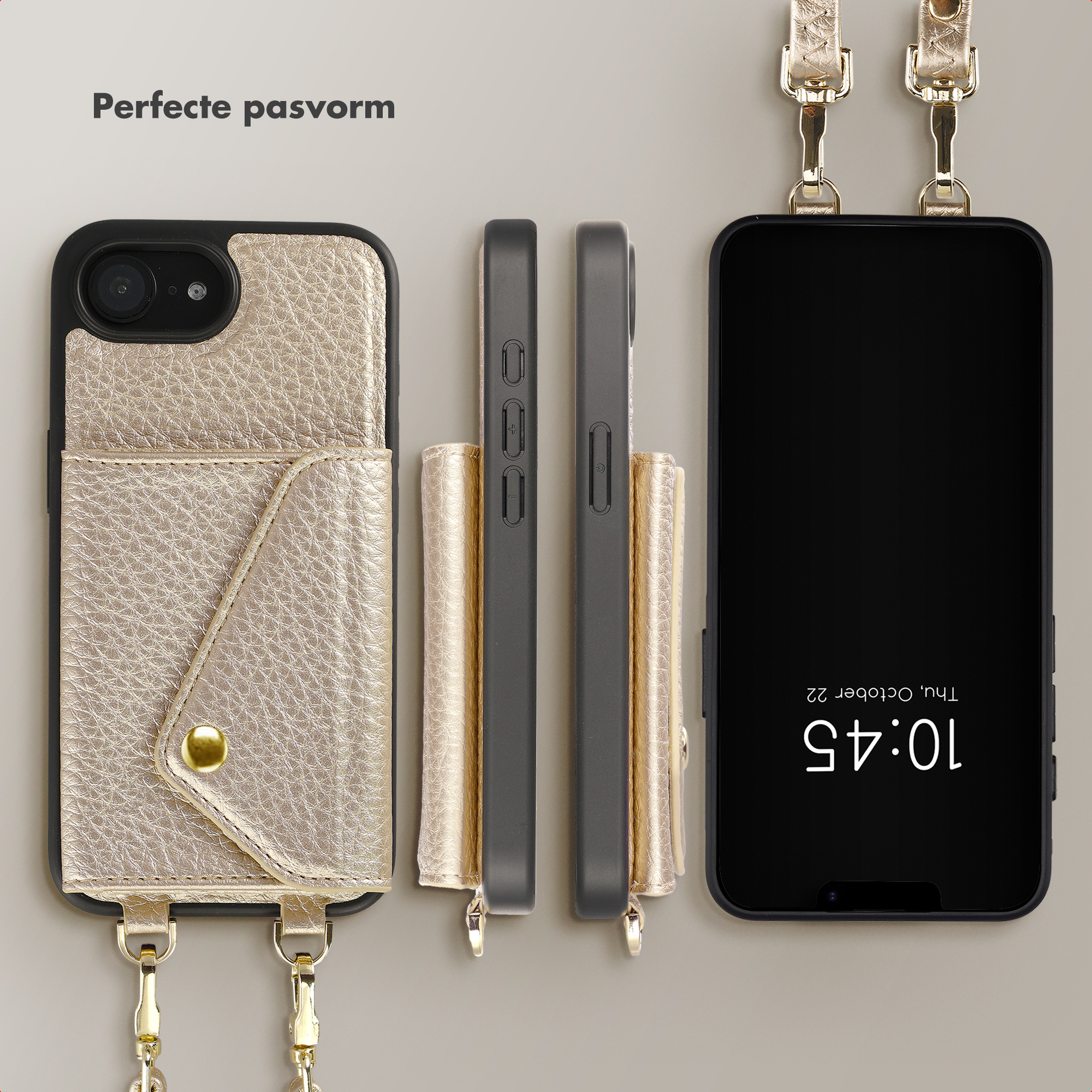 Étui doré pour téléphone avec porte-cartes et lanière, à côté de deux étuis.