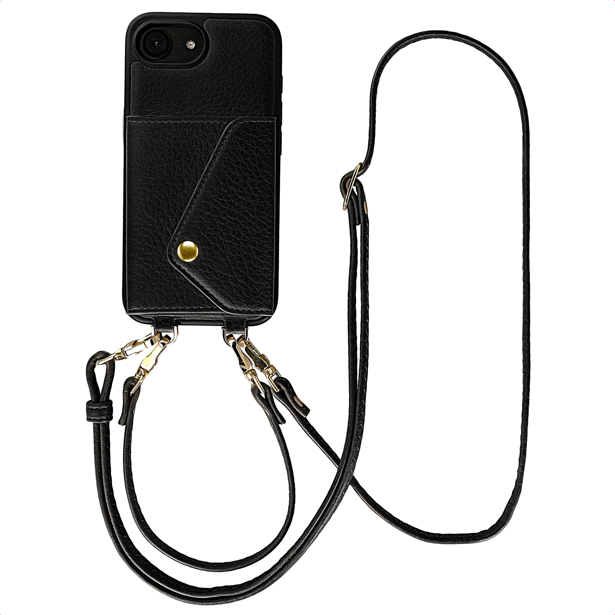 Coque de téléphone noire en cuir avec porte-cartes et bandoulière.