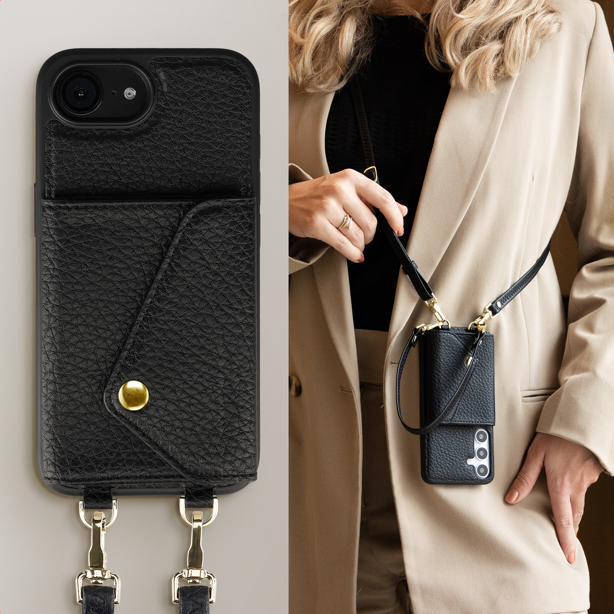 Coque de téléphone noire avec portefeuille et lanière, portée par une personne en tenue beige.