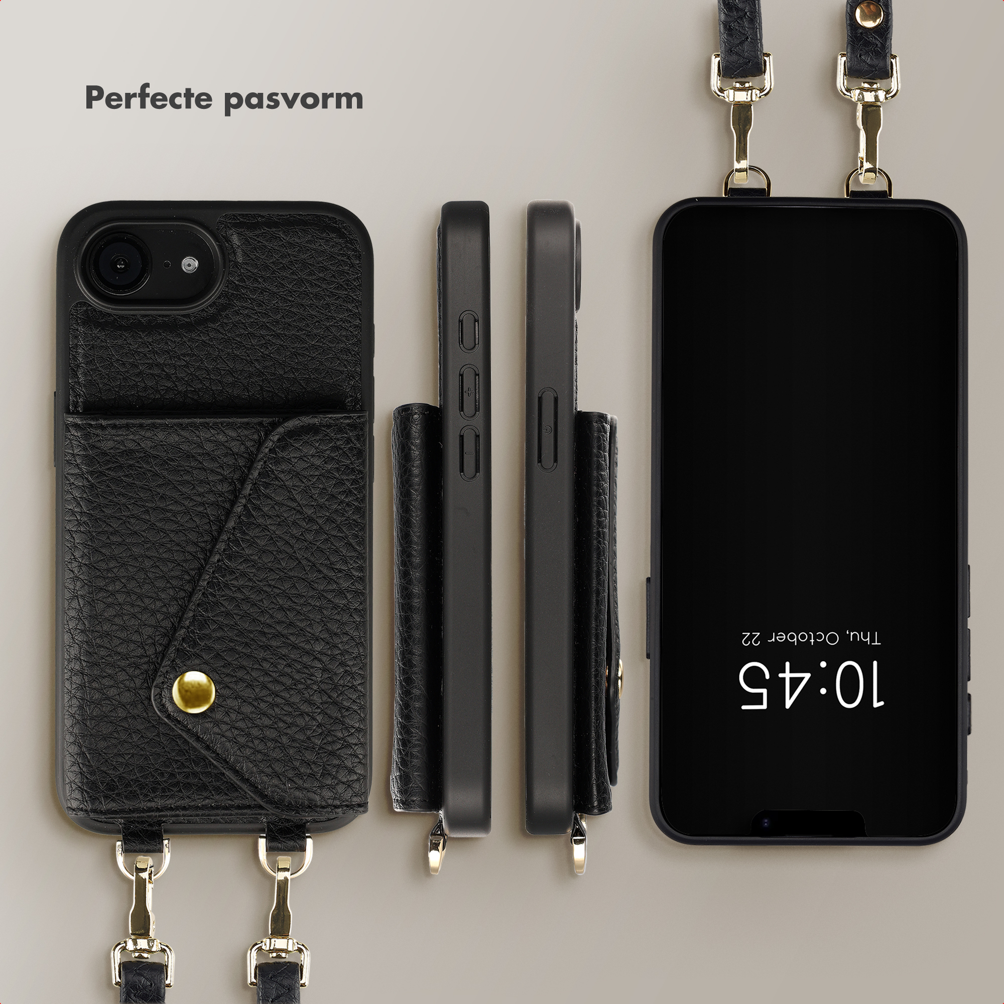 Coque de téléphone noire avec porte-cartes et sangle, vues de face et de côté.