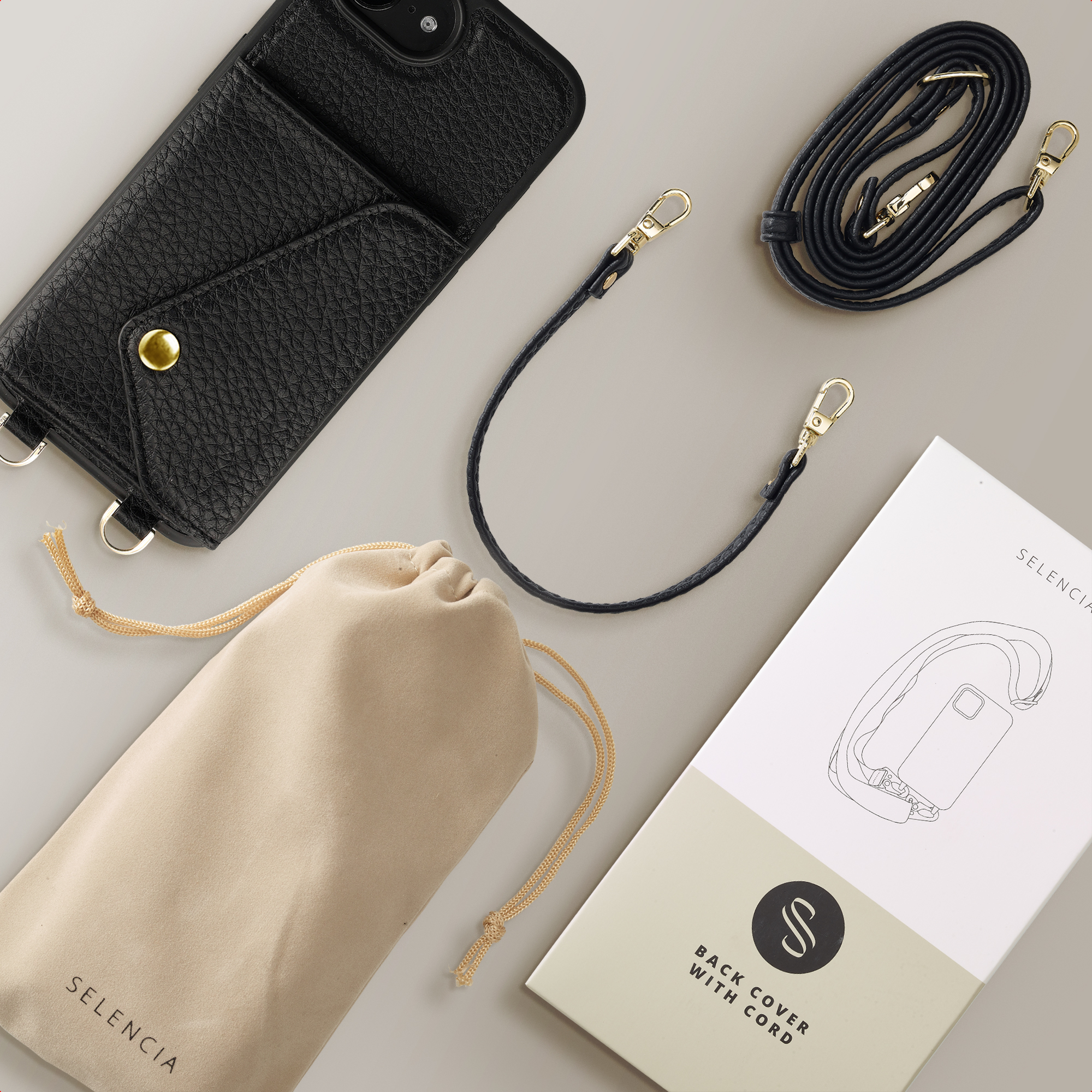 Étui noir en cuir pour téléphone avec portefeuille, pochette et deux sangles.