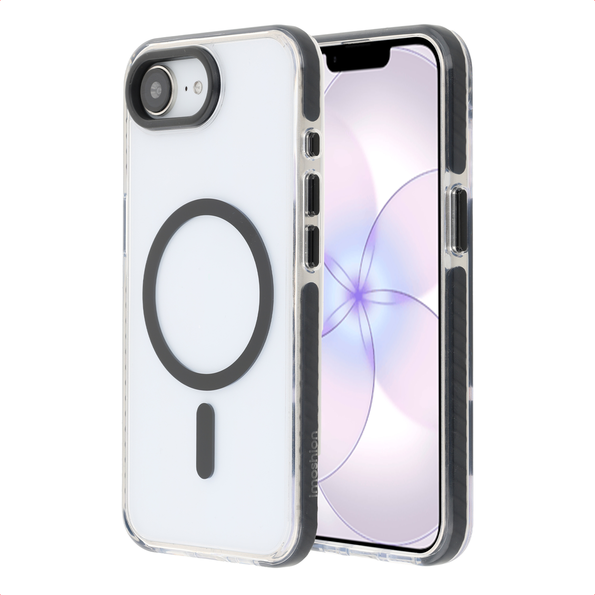 Transparente Handyhülle mit schwarzem Magnetring und Strich auf Weiß.